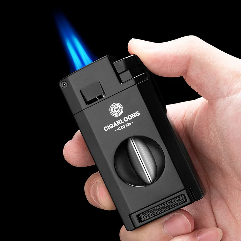 

Multi Functional Cigar Lighter With V-shaped Cigar Cutter And Cigar Drill Portable Inflatable Windproof Men's Cigarette Lighter