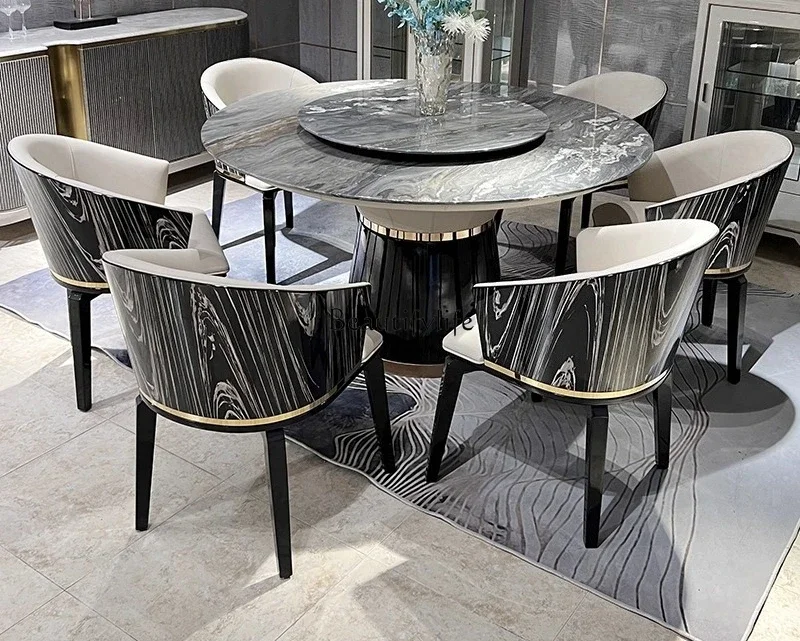 

2 yj15 Italian Style Light Luxury Natural Luxury Stone Large Round Table Simple Modern High-end Dining Table with Turntable