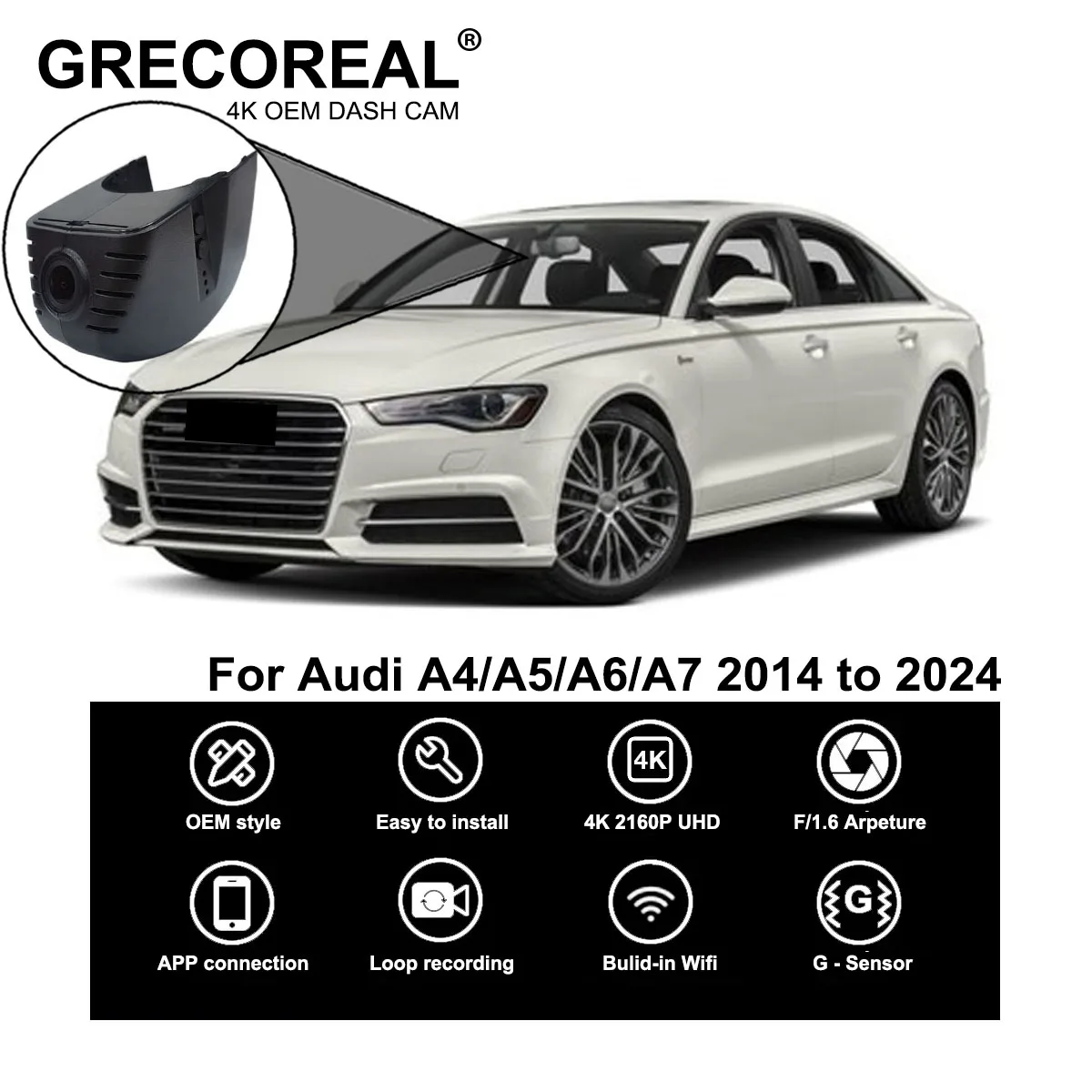 GRECOREAL 4K Dash Cam Front 2160P WiFi Dual Camera Dashcam APP Control Easy Install Plug Play Compatible with Audi A4 A5 A6 A7