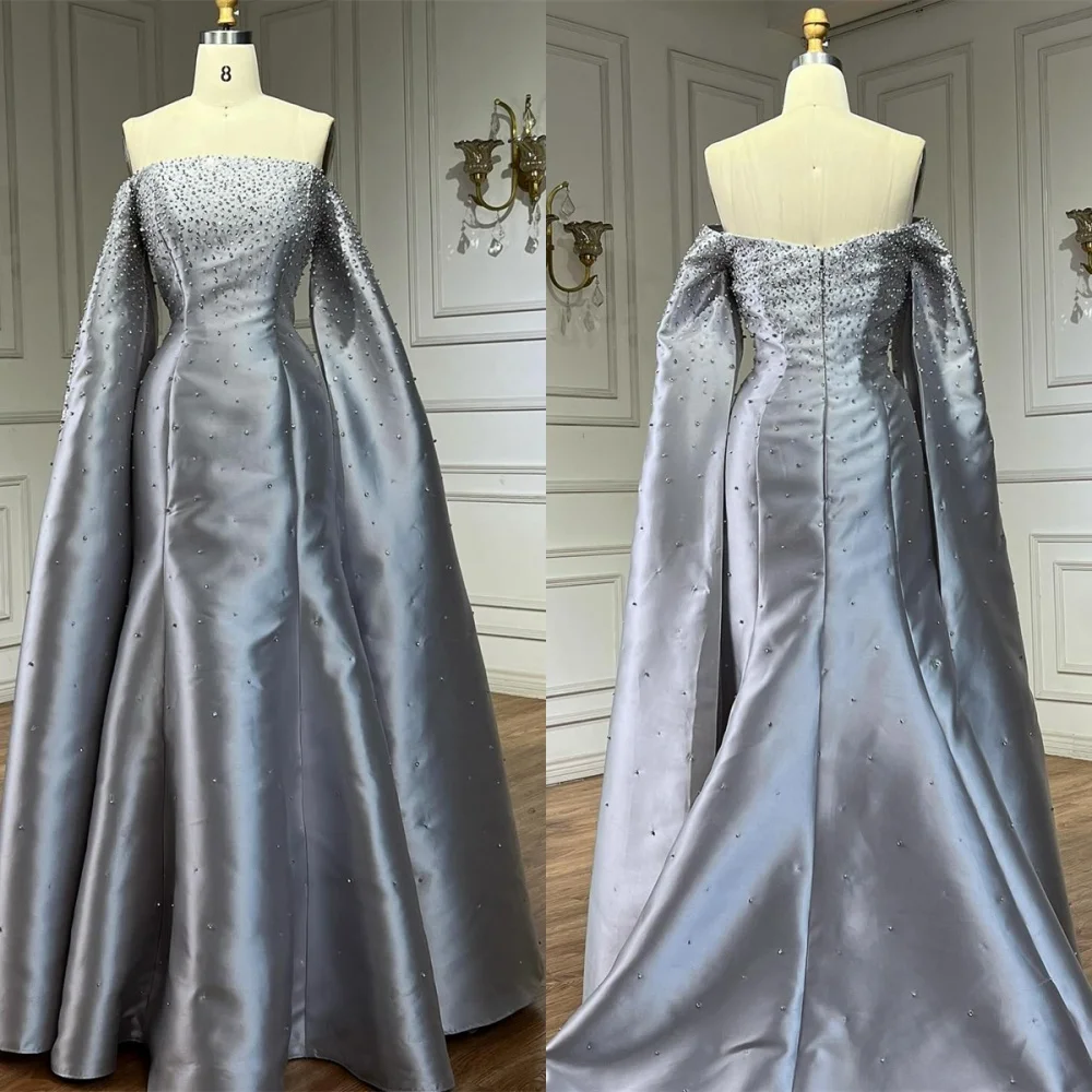 

Customized Delicate Blue Satin Evening Dress Exquisite Strapless Off the Shoulder Long Sleeves Zipper Back Homecoming Dress