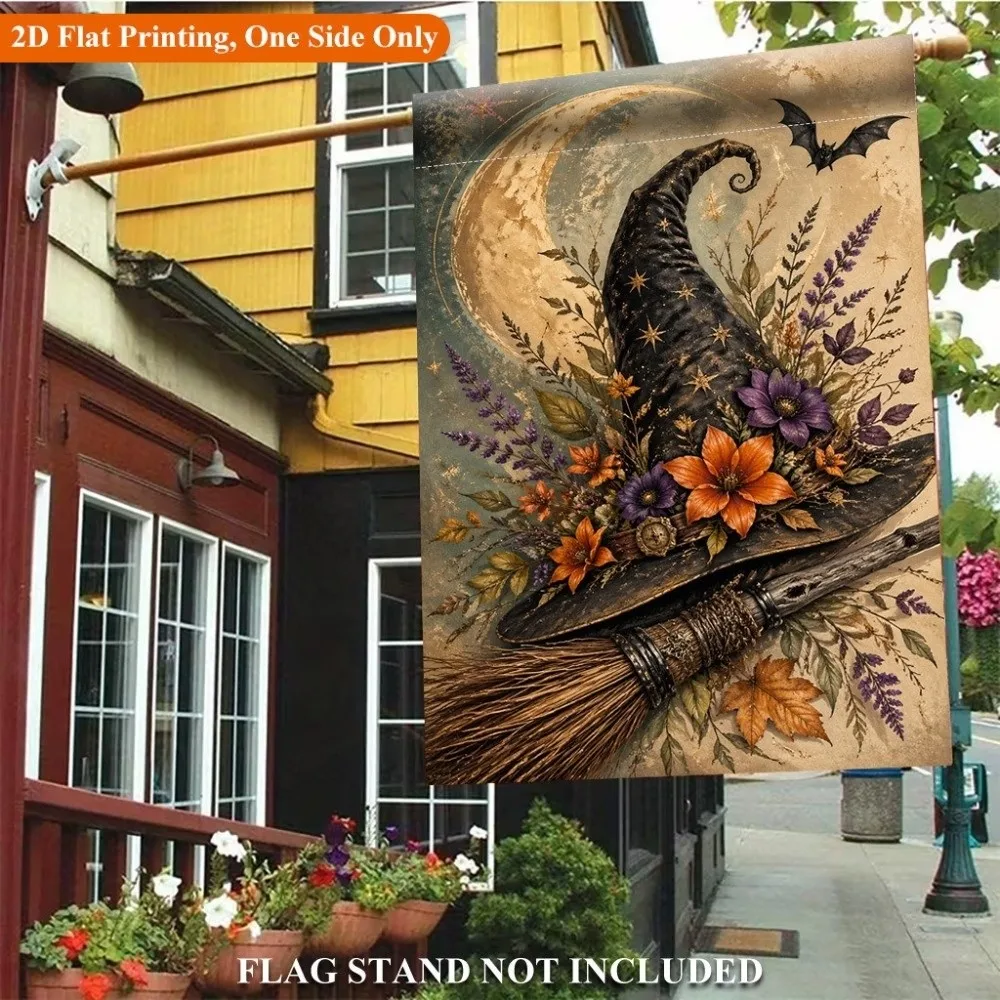 Double Sided Halloween Fall Pumpkin Garden Flag Rustic Style Linen Ghost Welcome Flag Chick or Treat Witch Hat
