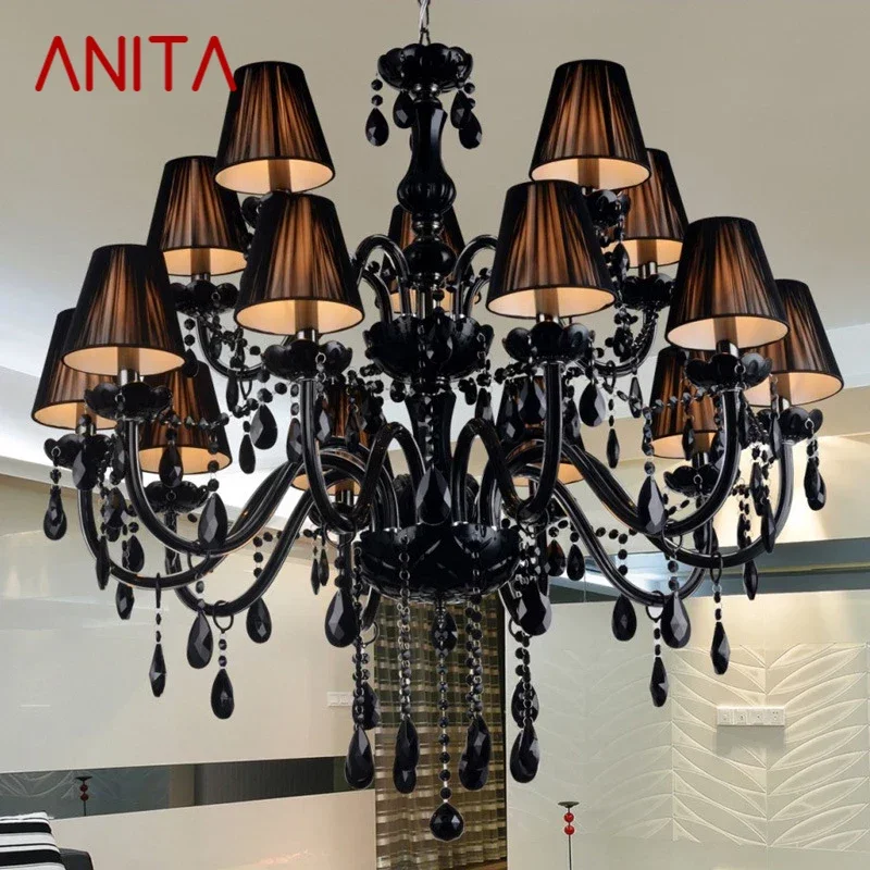 anita lampada pingente de cristal estilo europeu candelabro de vela preta lustre luxuoso sala restaurante quarto villa 01