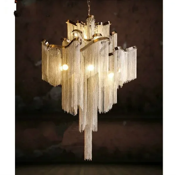 Chain Hoist Double Entry Stair Lamp Engineering Design Luxury Chain Tassel Aluminum Chain Pendant Lamp