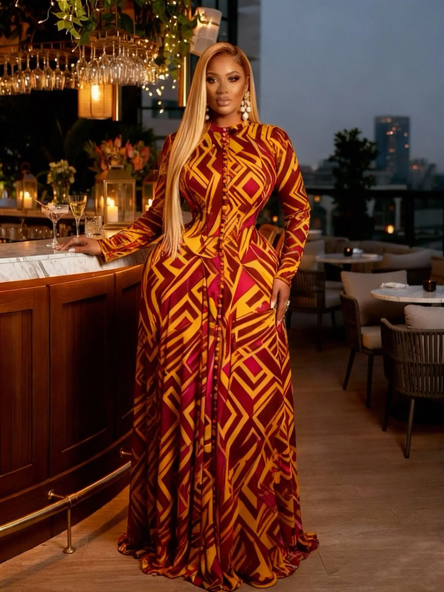 Wunderschöne Bedruckte Damenkleider mit Langen Ärmeln und Knopfleiste Vorne, Luxuriöses Maxikleid, Trendiges 2026 Party- und Abendkleid, Urlaubskleid, Langes Swing-Kleid – Detail 12