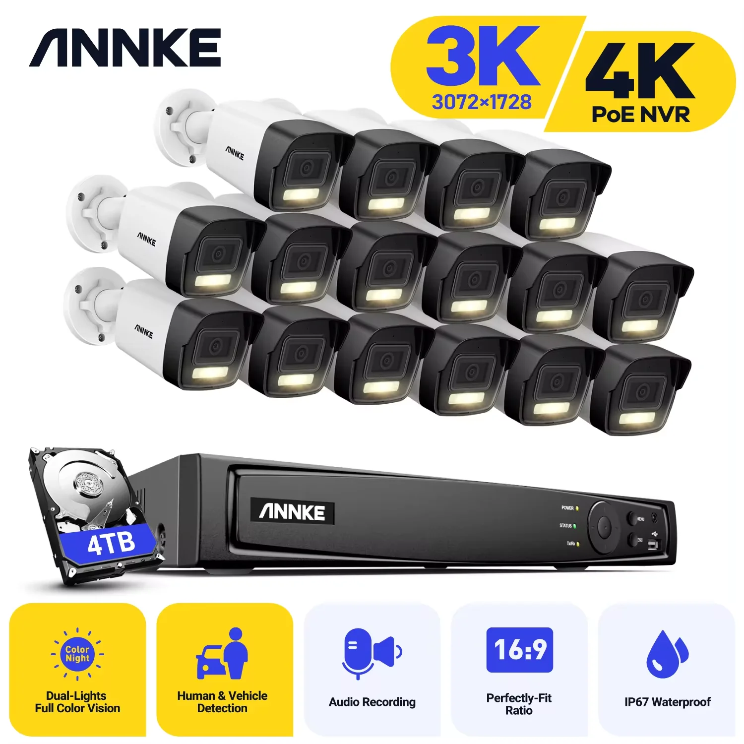 

ANNKE 16CH Ultra HD Full Color PoE Network Video Security System H.265+ Surveillance NVR 4MP IP67 Outdoor Night Vision CCTV Kit