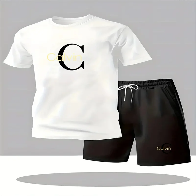 New Men's Short Sleeved Shorts Set Summer Fashion Casual Round Neck Short Sleeved T-Shirt Shorts Two-Piece Set