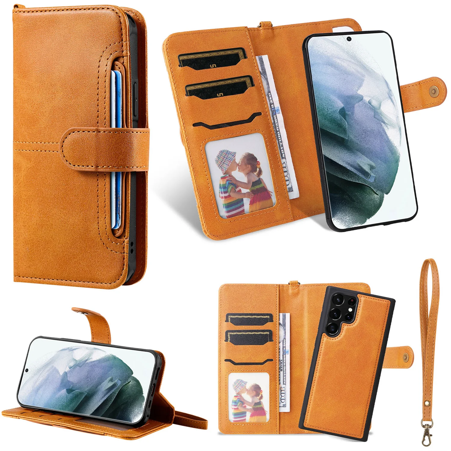 Luxury 2 in 1 Detachable Wallet Leather Case for Galaxy S24 Ultra S23 S22 S21 S20 S10 5G S10E S9 S8 Plus Strap Rope Flip Cover