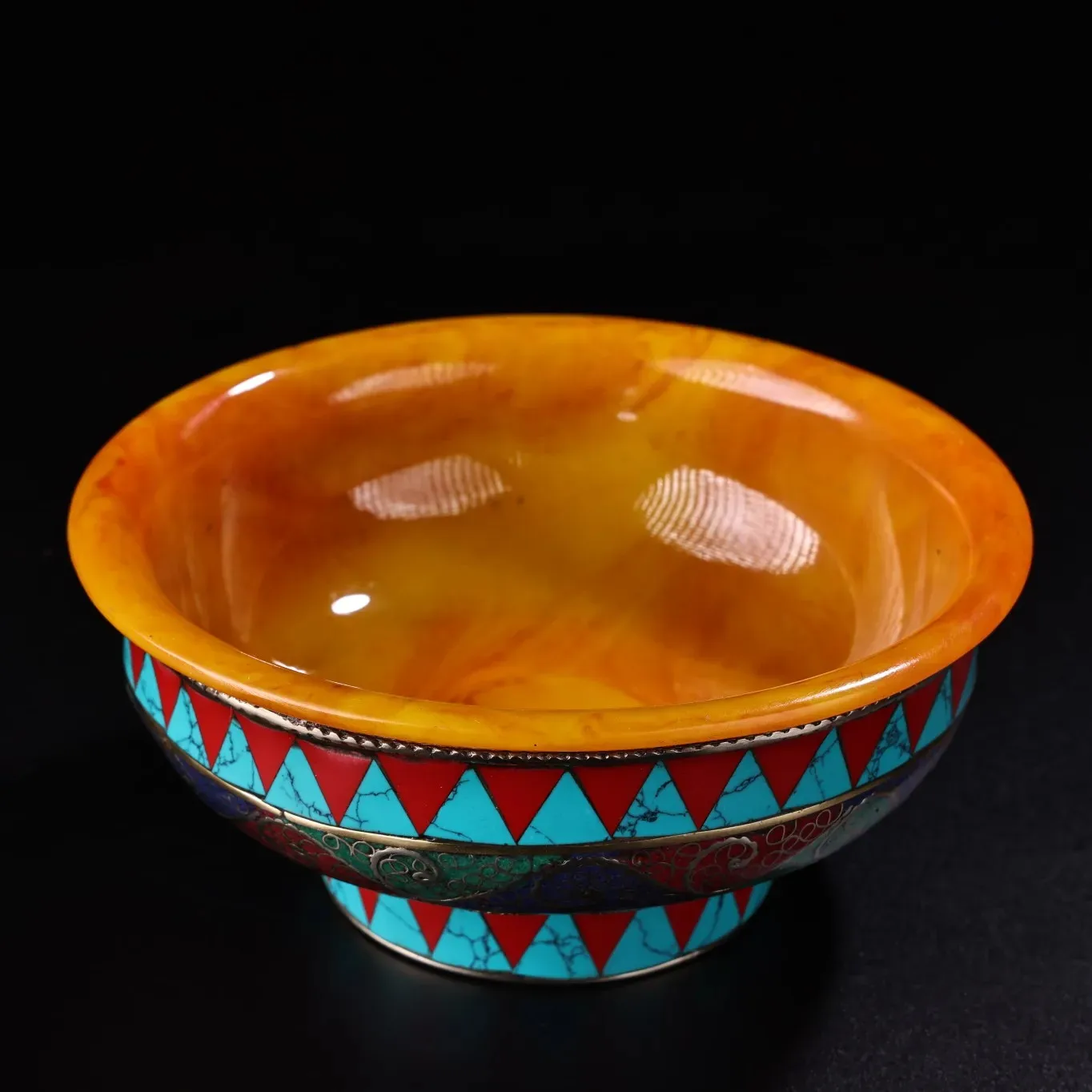 Beeswax mosaic Gem Tibetan silver Ghee Bowl offering Bowl Amulet Dharma