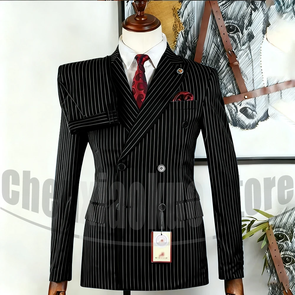 メンズピンストライプスーツセット シックなダブルブレストピークドラペルアウトフィット 2ピース ファッションフォーマルビジネスカジュアルオフィスウェディングスーツ