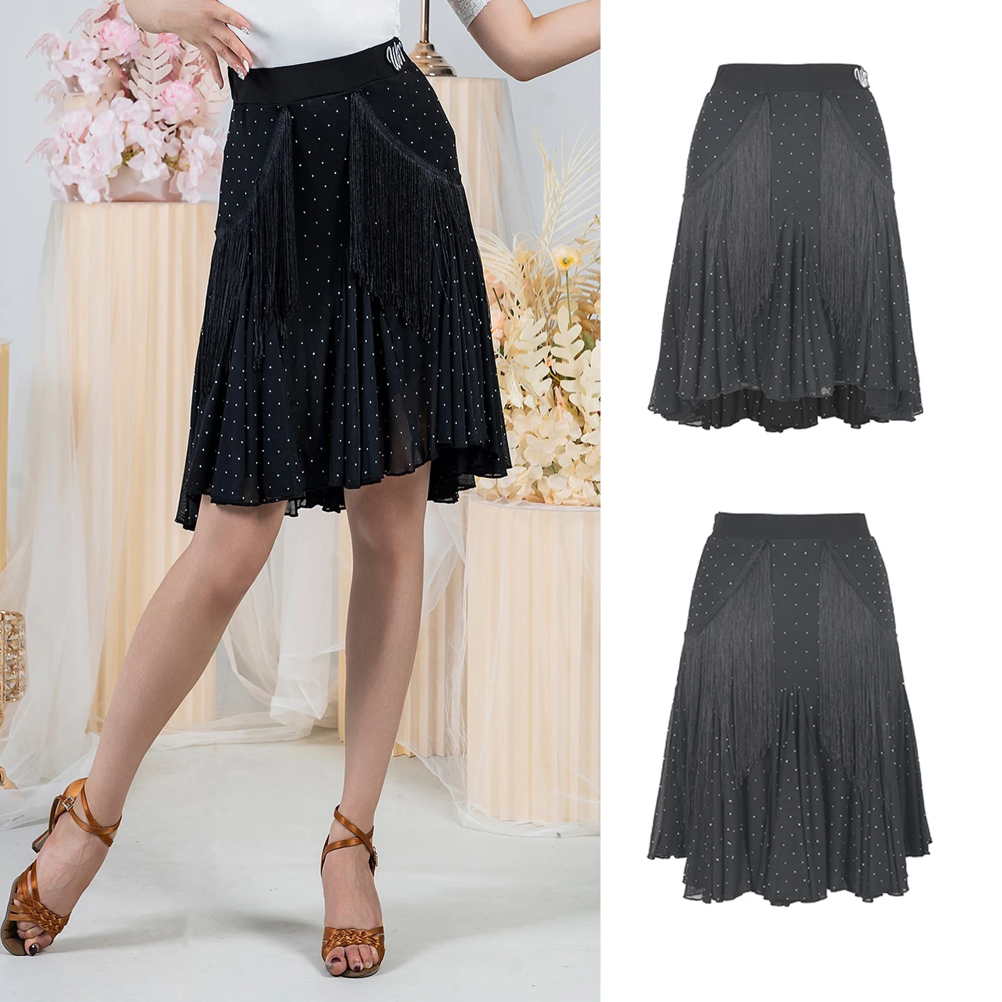 

2025 Latin Dance Rhinestone Skirt Women Tassel Mesh Splicing Fringe Skirt Cha Cha Samba Rumba Dance Performance Clothes DNV23887
