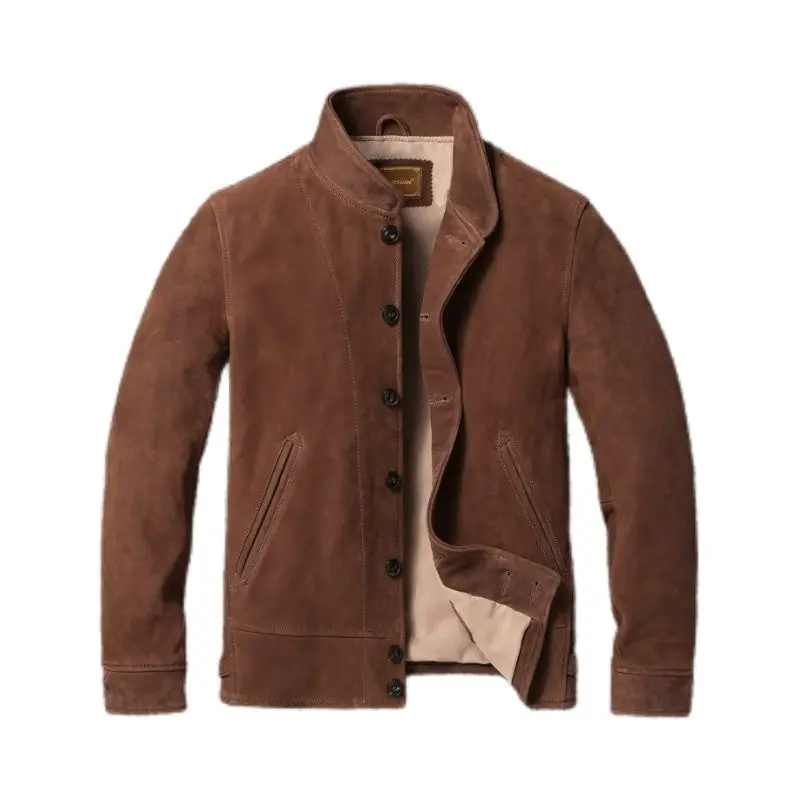 سترات من جلد البقر البني للرجال معطف أينشتاين من الجلد الطبيعي سترة بقصة ضيقة ملابس رجال الأعمال للخريف #5