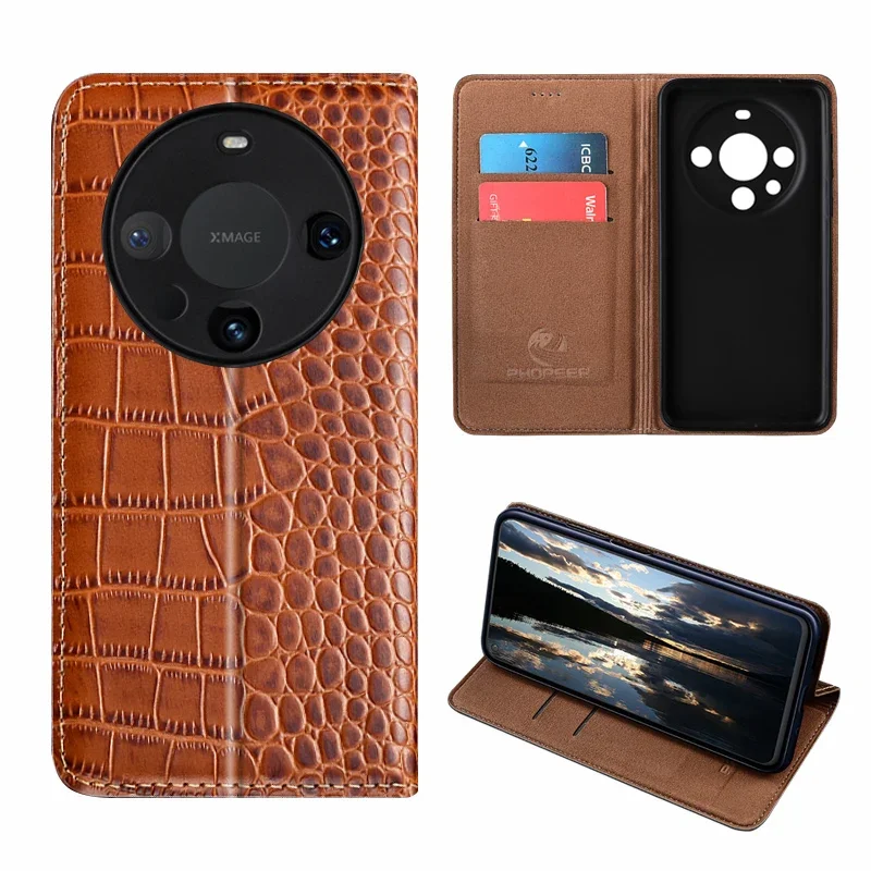 For HUAWEI Mate60 Mate 60 Pro Plus RS 5G Flip Case Crocodile Pattern Magnetic Cover Luxury Cowhide Genuine Leather Wallet Covers