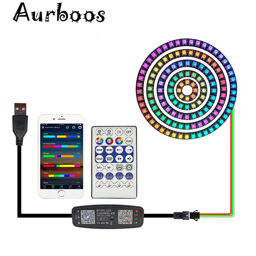 Anel de luz Pixel LED endereçável individualmente, Bluetooth USB, Controlador de música, 5050 RGB, WS2812 IC, DC 5V, WS2812B