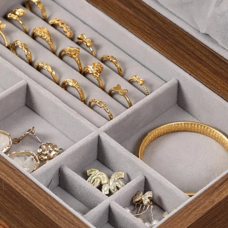 الجوز اللون صندوق مجوهرات فاخر الرجعية حلقة صناديق التخزين القلائد المحمولة القرط سوار عرض حالة منظم المجوهرات