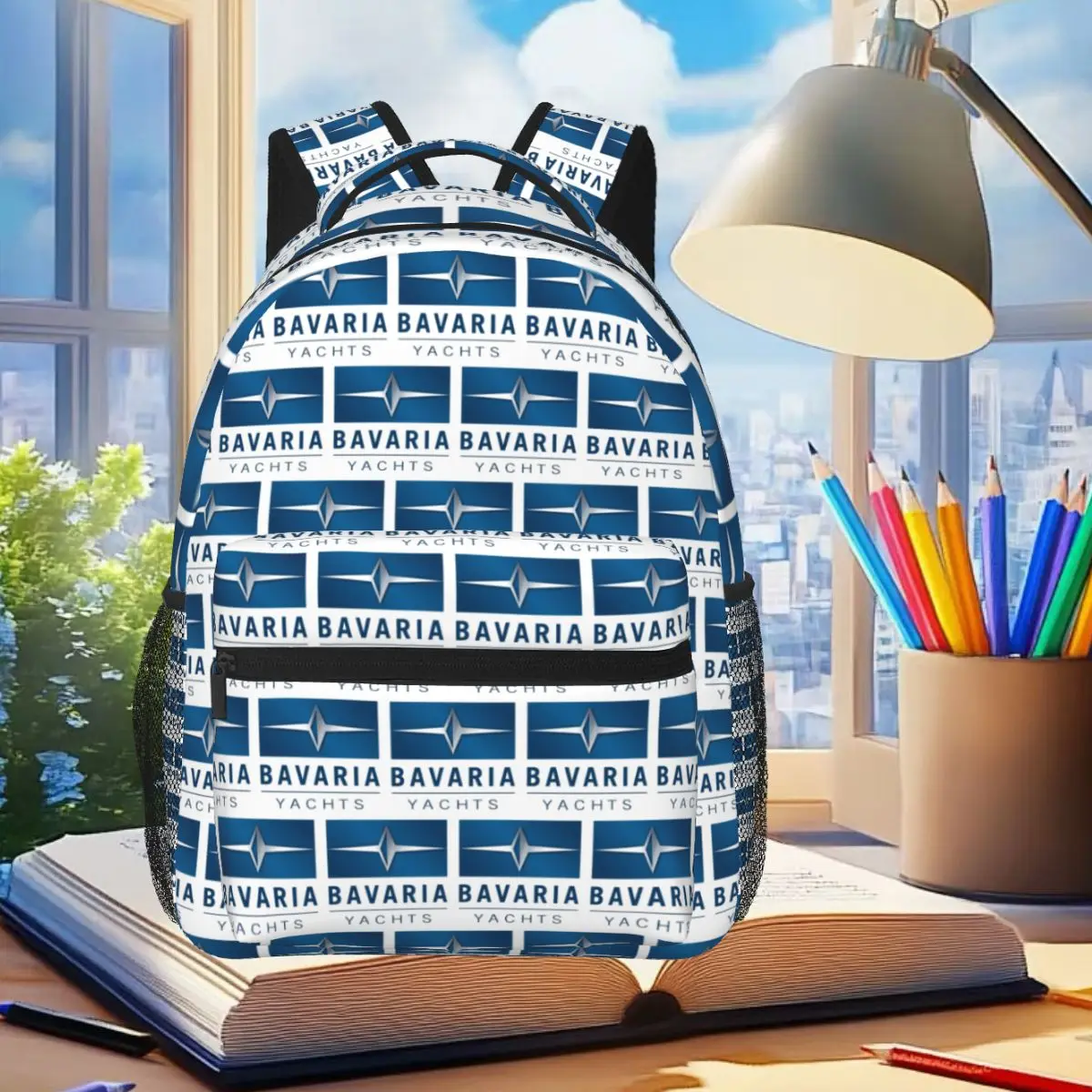 Bavaria Yachts Blau-Silber-Logo-Rucksack für Studenten, Jungen und Mädchen, Büchertasche, Kinder, Schultasche, Computer-Umhängetaschen für Männer und Frauen