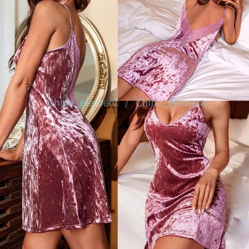 

Sexy Strap Nightdress Lace Velvet Nightgown Velour Women Sleepwear Nightwear Home Dress Robe Nighty Gown Loungewear