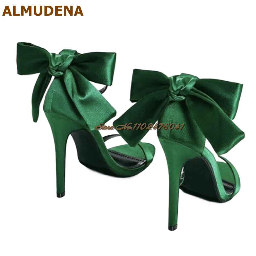 ALMUDENA Emerald Green Satin Cloth Butterfly-Knot Sandals Stiletto Heels Single Band Buckle Strap Dress Shoes Bowtie Back Heels