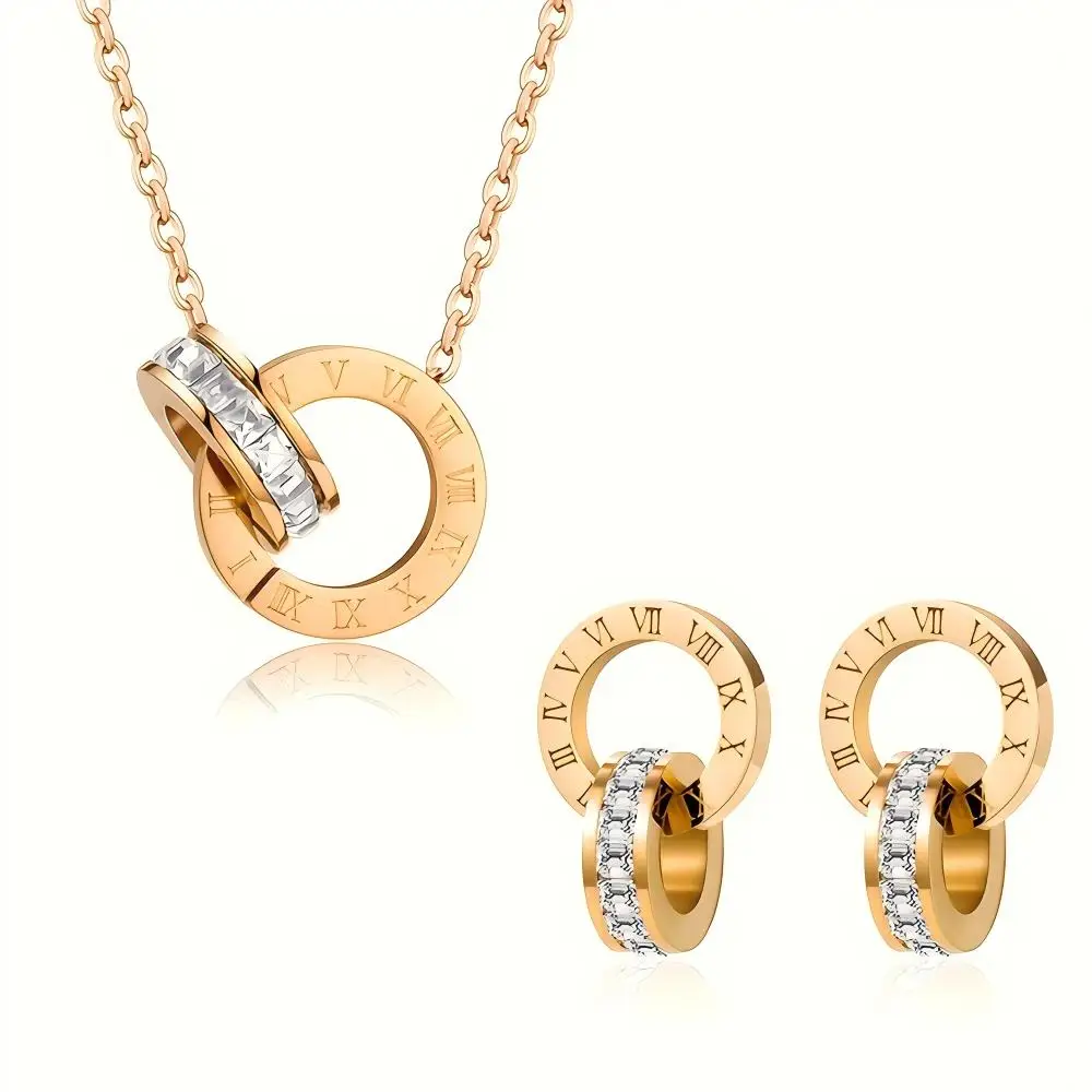 Elegant Rose Gold  Stainless Steel Jewelry Set - Double Ring Necklace & Earrings with CZ, Perfect Gift for Women view 5