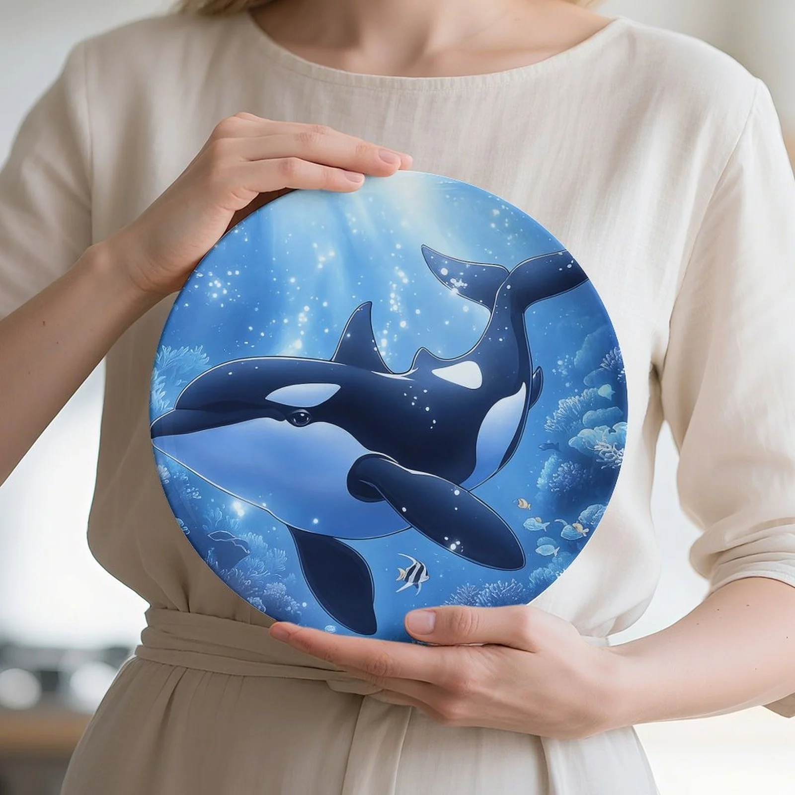 1pc Orca Underwater Themed Decorative Plate, Fashionable Trendy Decor Plate for Wall and Table, Non-Food Contact, Decorative