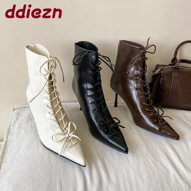 

Модные женские ботильоны со шнуровкой, современные ботинки, туфли на тонком каблуке, элегантные женские короткие ботинки с острым носком, женские туфли-лодочки