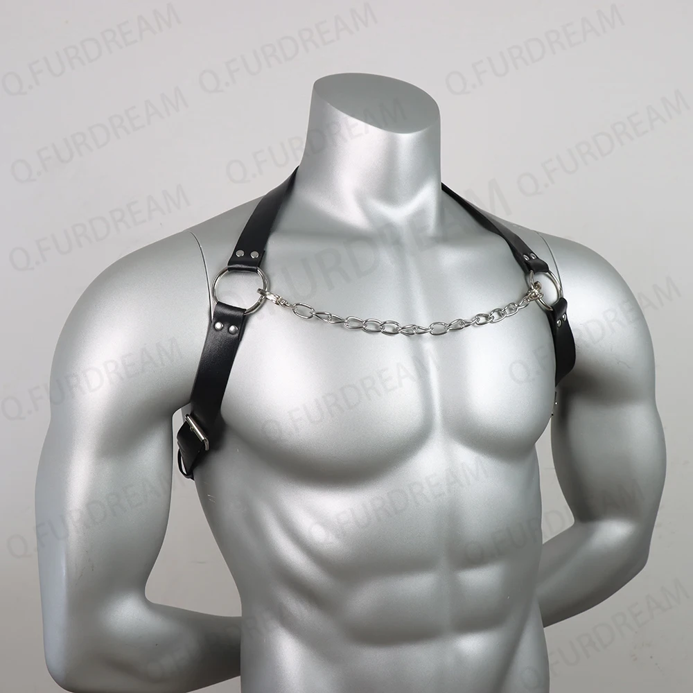 Black Harness with Chain Bondage Harness PU Leather Men Lingerie Body Harness Men Male Gay Harness Chest Bondage Top