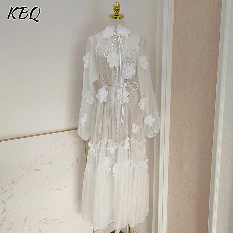 KBQ Solid Patchwork Appliques Elegant Long Dresses For Women V Neck Long Sleve High Waist Spliced Lace Up Dress Female Clothes