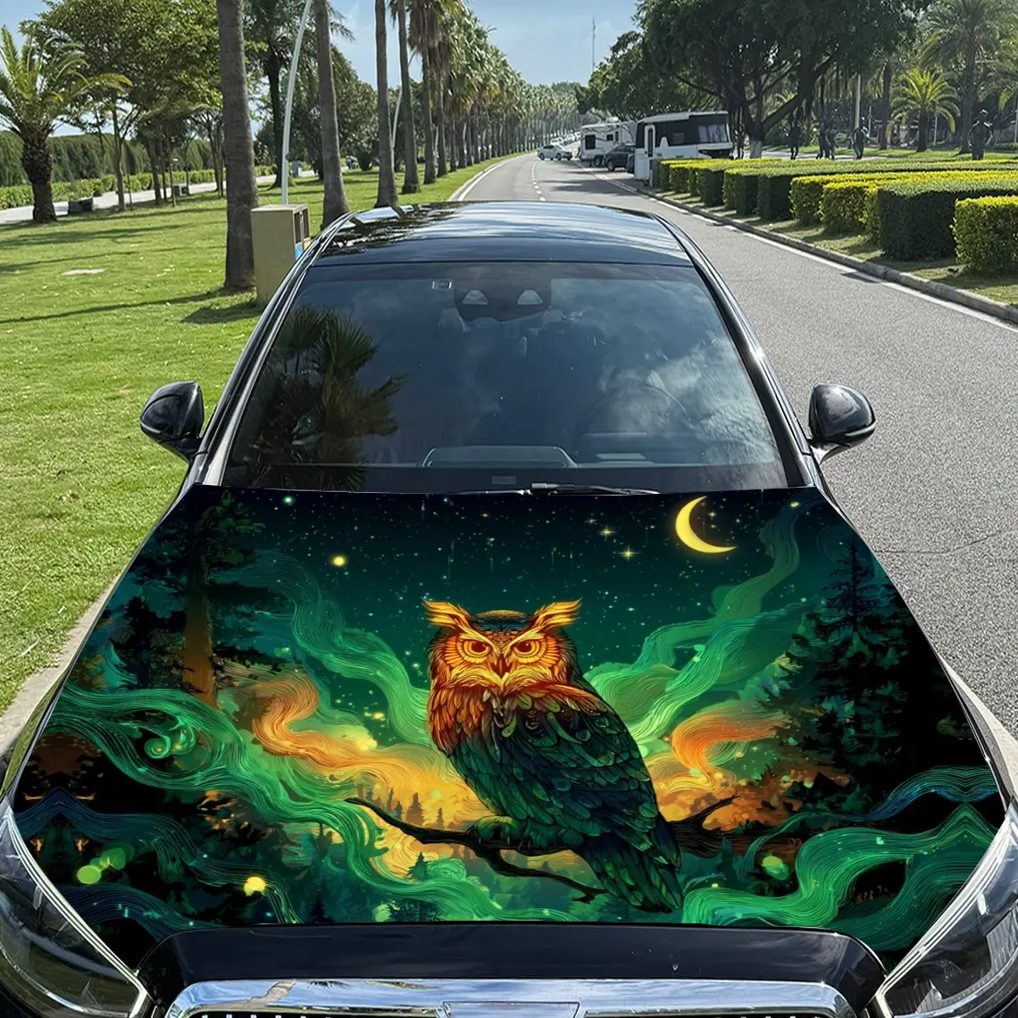 Streamer Forest Owl Car Vinyl Wrap, PVC Material Waterproof Car Hood Sticker, Self-Adhesive Scratch-Resistant Stickers for Engin
