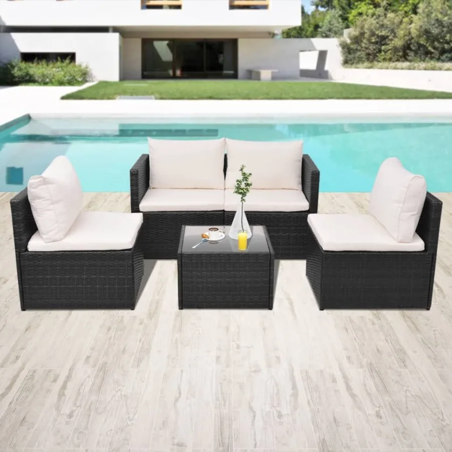 

5 Piece Patio Lounge Set with Cushions Poly Rattan Black
