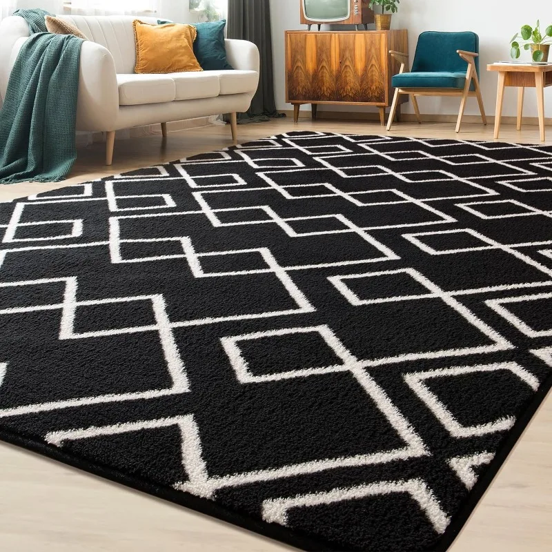 

Geometric Modern Area Rug for Bedroom, 5x7 Feet Black Shag Rug for Living Room, Fluffy Moroccan Rug with Memory Foam Carpet