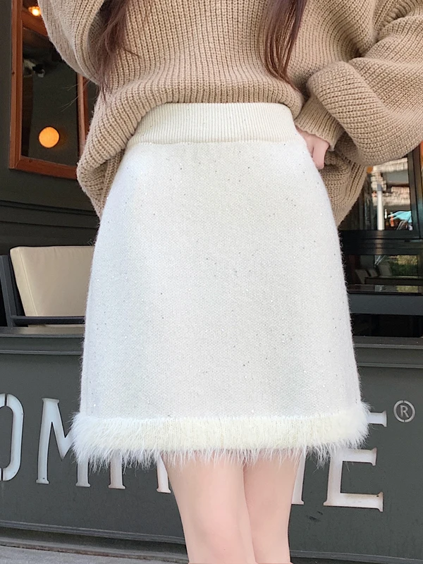 Sexy Plaid  Skirt Spring Autumn Glitter Knitted Plush High Waist A-Line Skirt Trendy Commute Polyester Fiber Short Skirt ...
