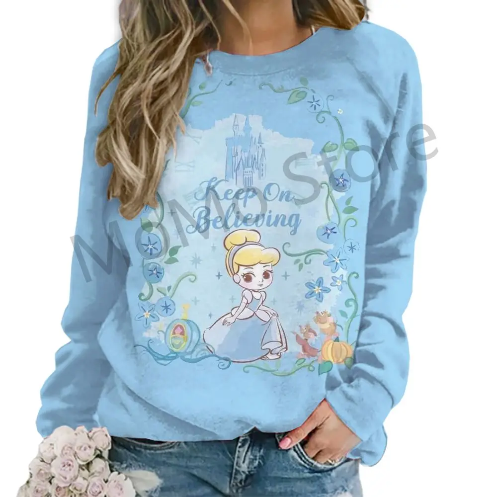 Disney princesa o pescoço moletom de manga longa feminino streetwear S-3XL novos pullovers adorável senhoras moda kawaii inverno y2k