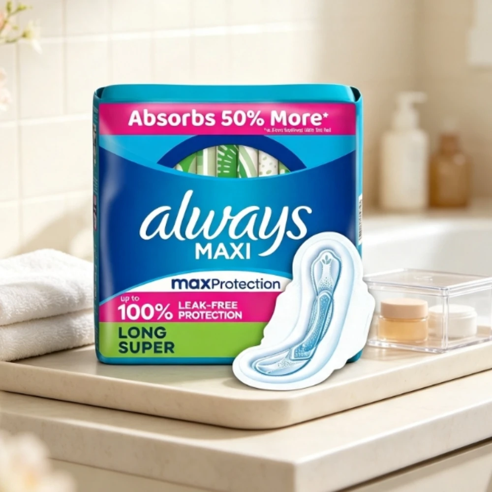 Size 2 Long Unscented Maxi Pads with Wings, Rapid Absorbency Daily Sanitary Pads, Leak‑Lock Protection for Daytime Use, 18 Count