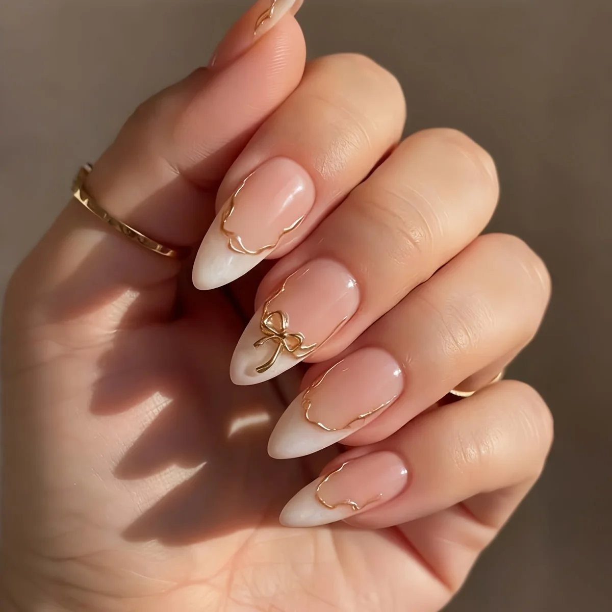 24 Pieces of White Pointed Nail Art Patches, Medium Almond Shaped Gradient Nail Stickers, with Gold 3D Bow for Wearing Nail