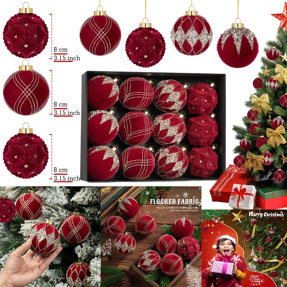 New 12Pcs Velvet Christmas Balls Ornaments Flocked Green Shatterproof Christmas Tree Decor 80MM Hanging Ball for Xmas Party Wedd