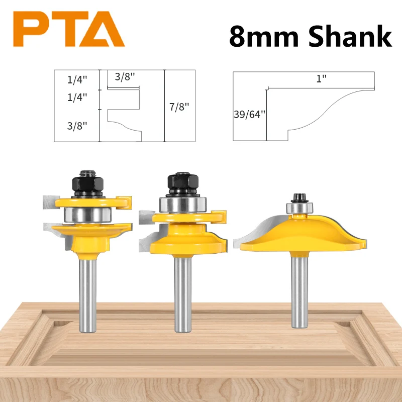 Pta-roman ogee stileおよびレール組み立てルータービット、木工工具用フライスカッター、8mmシャンクカバー、41mm、3個