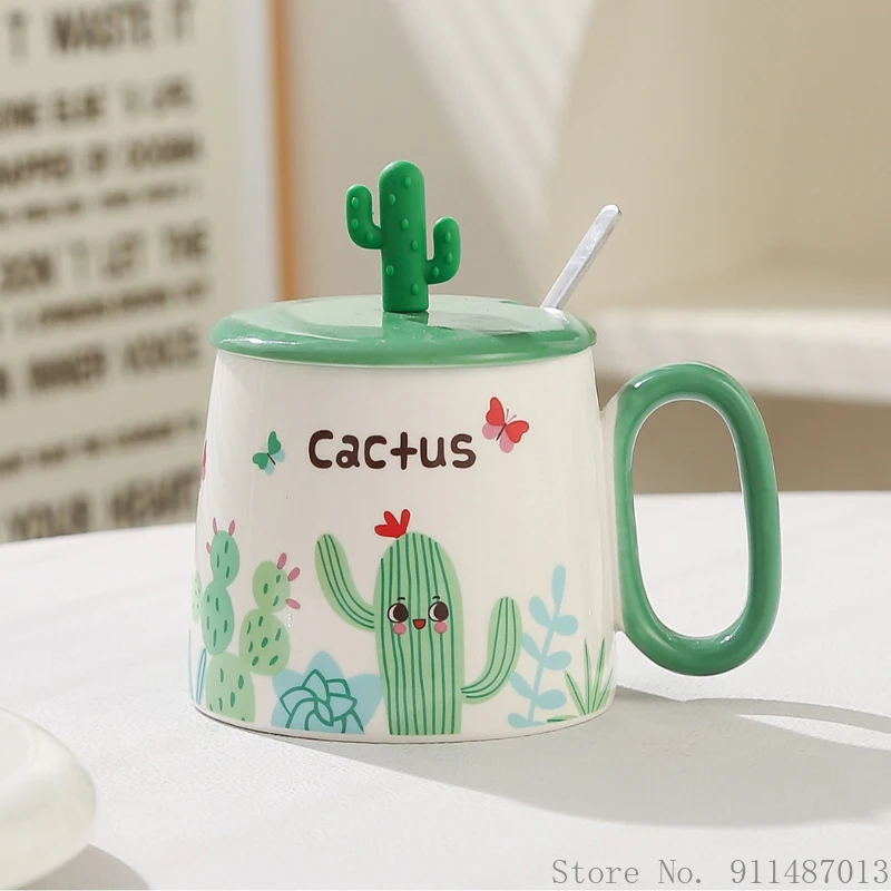 Cartoon Cactus Shape Mug, Ceramic Mark Cup, Cover Handle Spoon Breakfast Coffee Milk Tea Fruit Juice Household items, 380ml, 1Pc