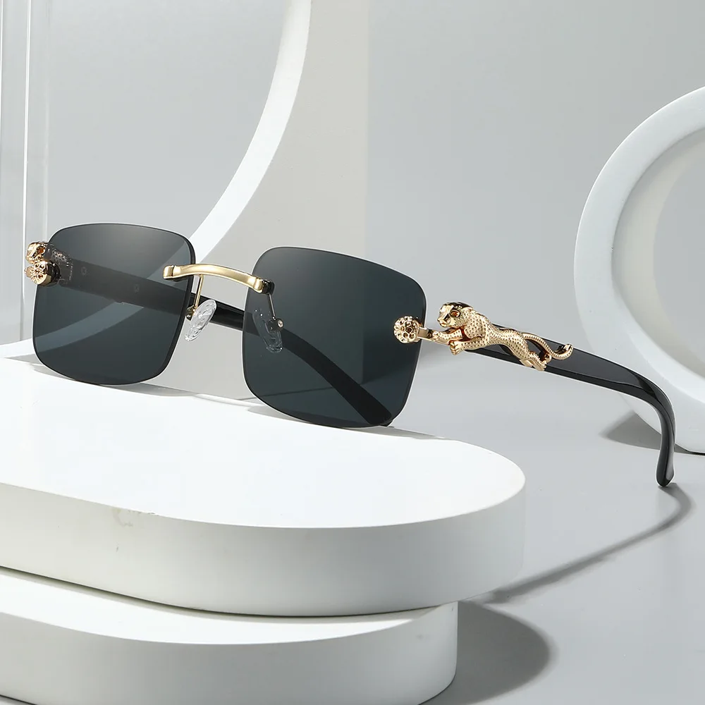 2025 gafas de sol cuadradas clásicas sin montura para hombre, tinte de Color, decoración de guepardo de Metal, gafas de sol de lujo a la moda para mujer, Unisex