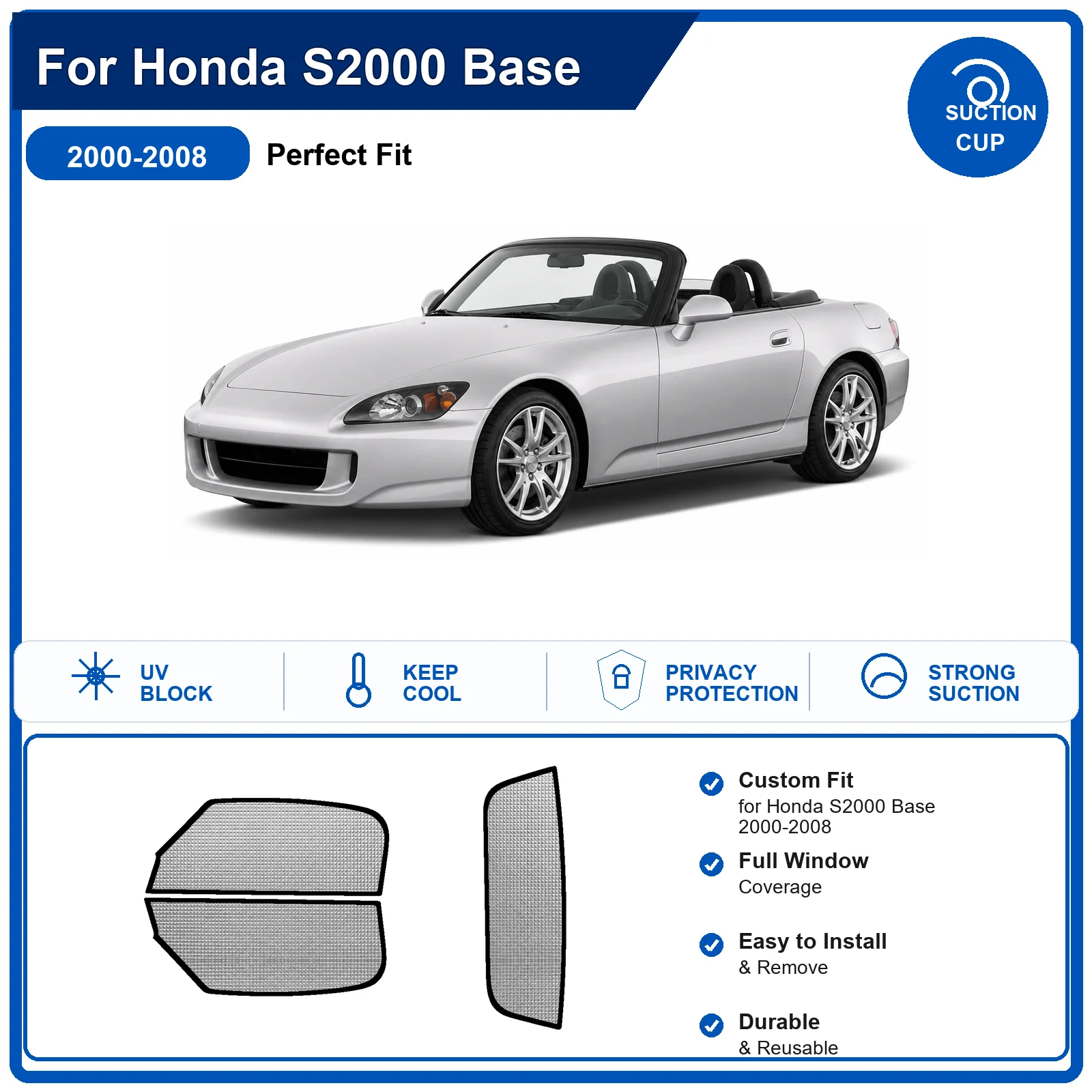 For Honda S2000 Base 2000-2008 Custom Full Set Windshield Sun Shade Aluminum Foil Heat Insulation Anti UV Foldable