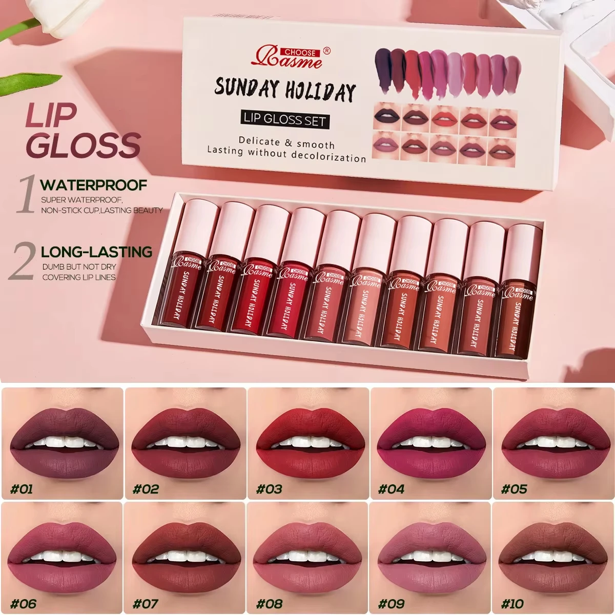 10PCS/Set Sunday Holiday Lip Gloss Kit Matte Liquid Lipstick Long Lasting Waterproof Lip Tint Women Cosmetics Wholesale Makeup