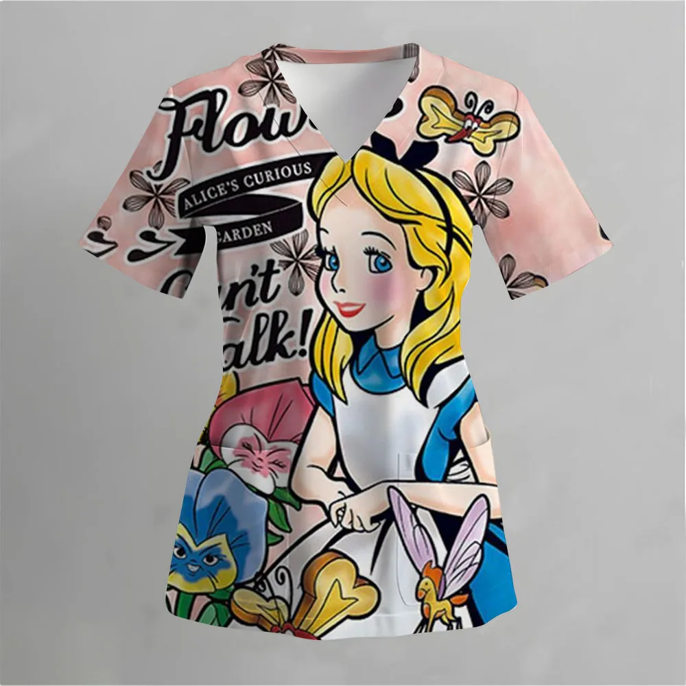 Disney Princess Print Nurse Uniform Dental Clinic V-neck Surgical Gown Snow White Pet Hospital Work Clothes women's short-sleeve