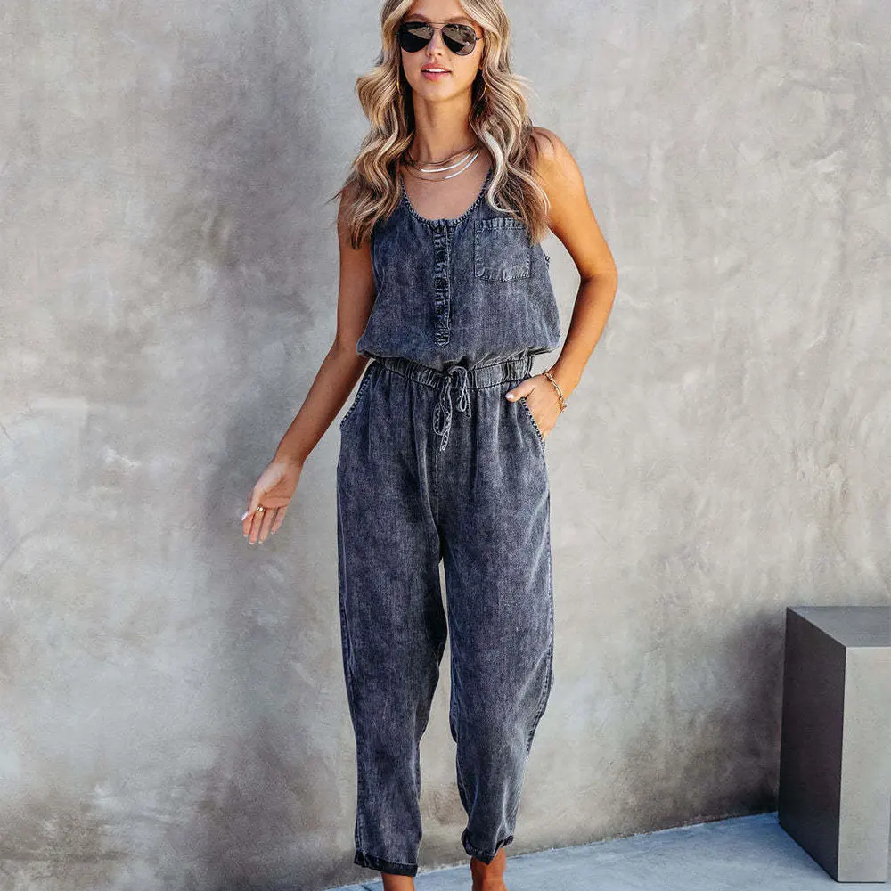 Zomer Casual Mouwloze Wash Denim Jumpsuit Vrouwen Mode Hoge Taille Dunne Jeans Één Stuk Lange Jumpsuits Nieuwe Vrouw Kleding