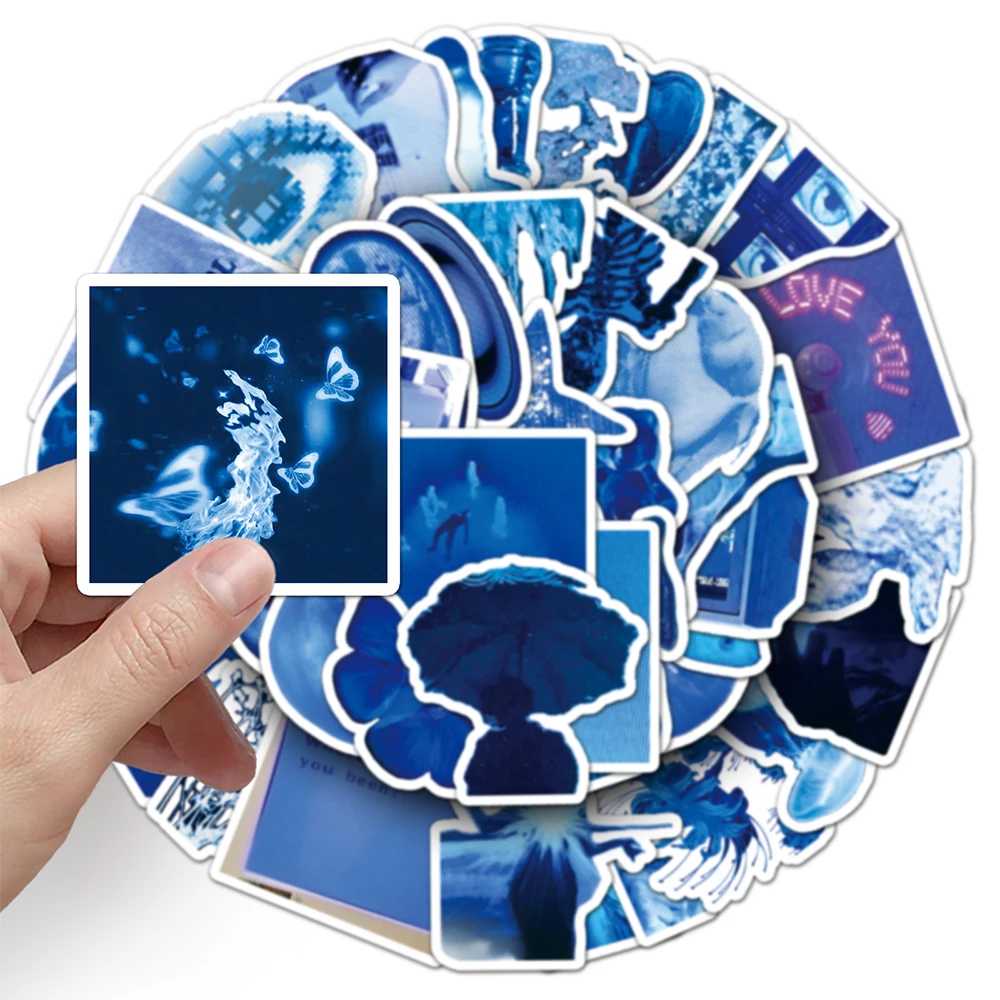 

10/30/50pcs Low Pixel Blue Aesthetic Art Stickers Ins Style Cartoon Decals Water Bottle Helmet Phone Graffiti Sticker Wholesale