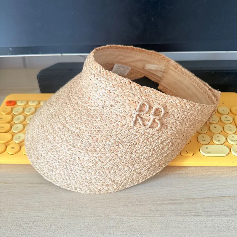 New Summer Raffia Straw Empty Top Sun Visor Hat Foldable Letter RB Hat Adjustable Sports Tennis Golf Headband Casual Beach Hat