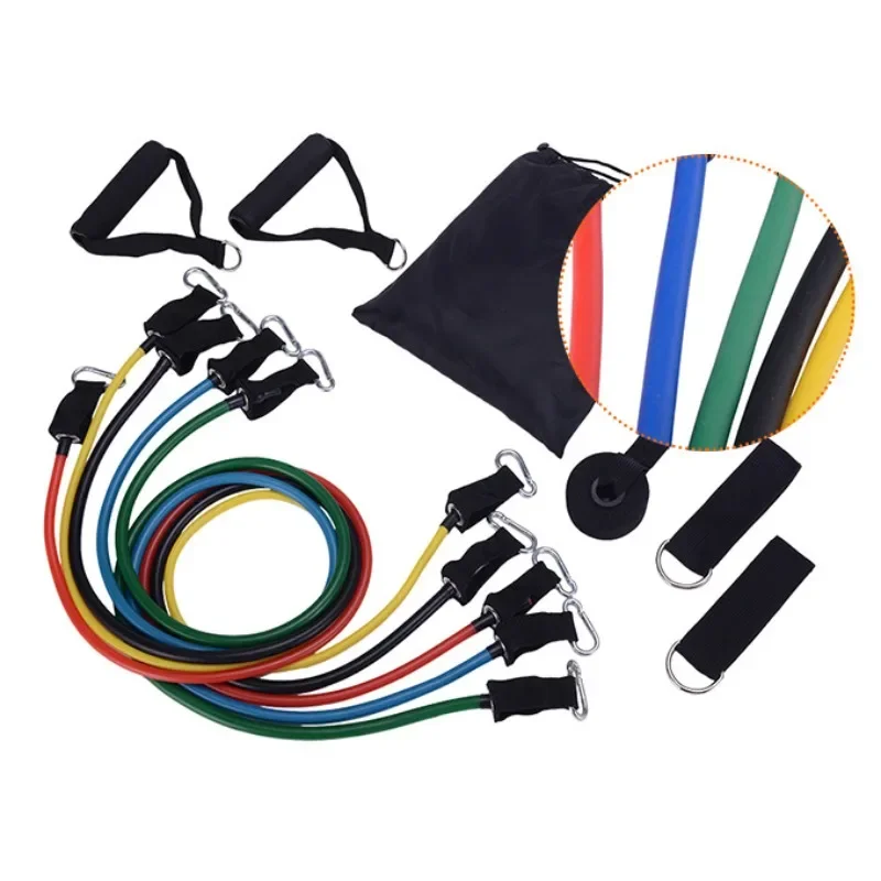 Resistance Bands 11-Piece Set Tensioner Pull Rope Fitness Multi- Tensioner Suit Muscle Training Belt Elastic Sleeve Band Abs Ab