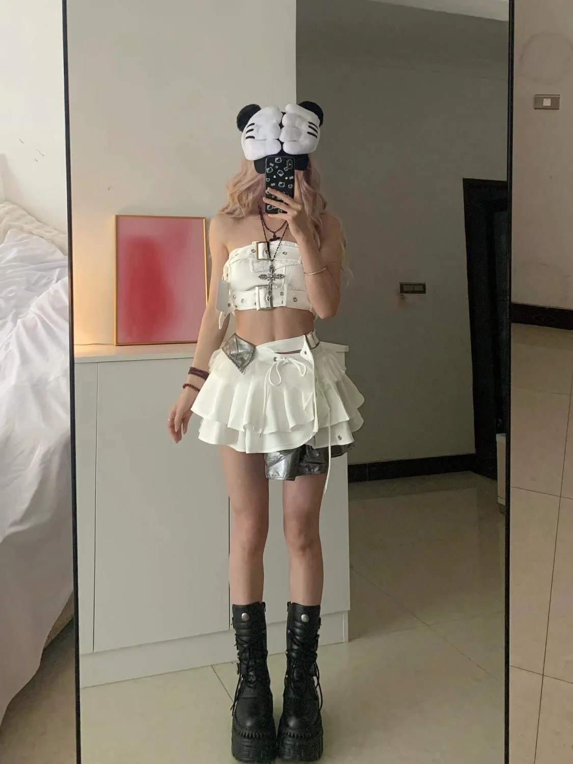 

Sweet Cool Sexy Girl Group Style Sexy Mesh Splice Asymmetrical Short Skirt Fashionable Two-Piece Set Tube Top Ensemble