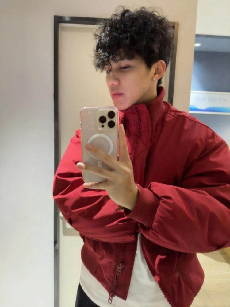 

Thiened Cotton Flight Jaet Men's Winter Casual Stand Collar Cleanfit Outerwear Red Cotton Coat American Sle Loose Fit