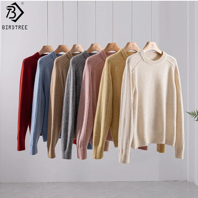 

Birdtree 100% Sheep Wool Solid Warmth Knited Sweater,Woman Basics O-neck Full Sleeve Shirt,2025 Autumn Tops Pullover T59460JF