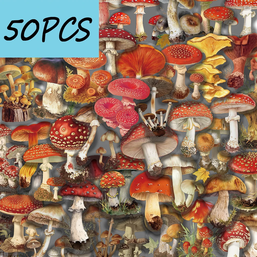 50PCS retro mushroom series stickers, suitable for decorating textbooks, gift boxes, filing cabinets, waterproof PET stickers