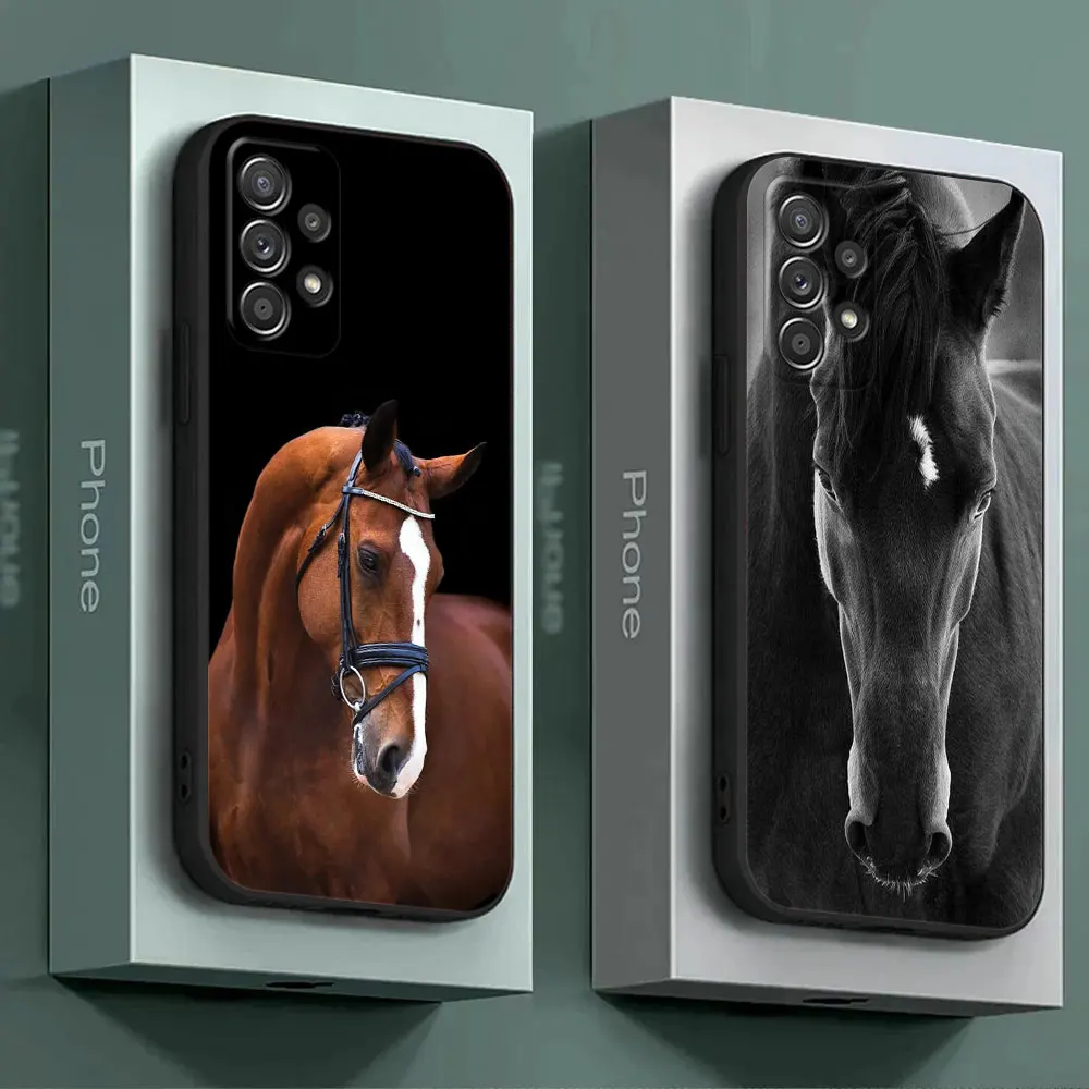 For Samsung Galaxy A55 Case A54 A52S A53 A51 A34 A35 A33 A32 A50 A72 A71 A30 A7 A9 Cases Soft Cover Black White Horses Galloping