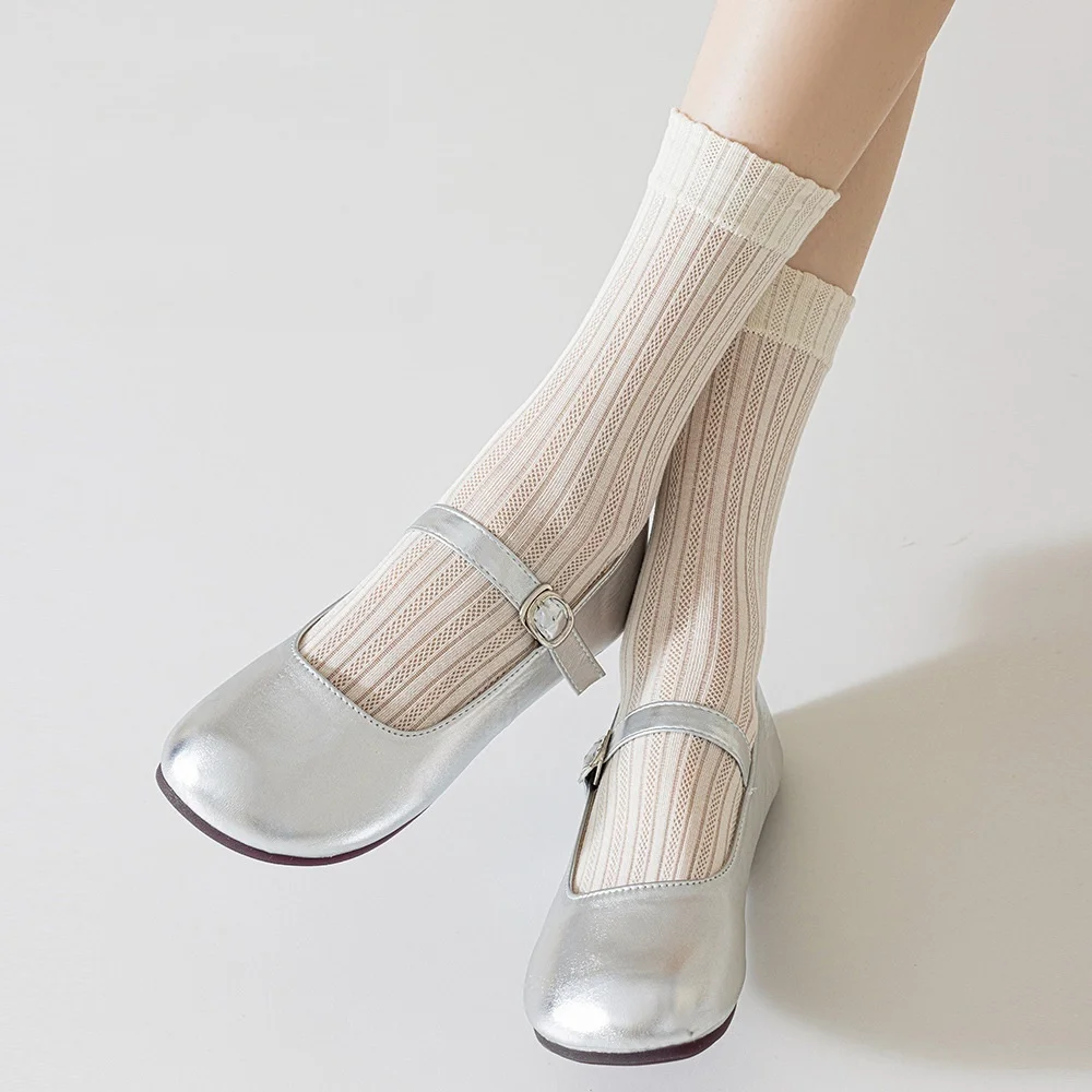 5 Pair Women's Socks  Cotton Solid Color Medium Tube Boneless Thin Section Vertical Stripes Stacked Socks White Socks Black Sock